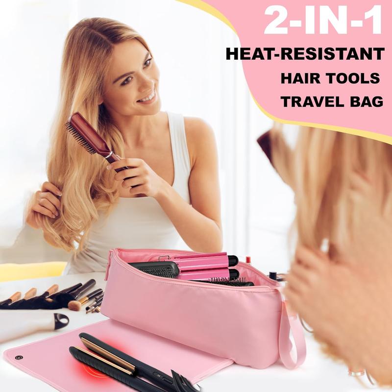 Hair Tools Travel Bag Heat Resistant Mat 2 in 1 Heat Resistant Glove Hair Styling Accessory Organizer and Heat Resistant Mat Haircare Accessories Travel Carrying Case for Straightener Curling Iron Hair Dryer, Portable Organizer Portable Cosmetic