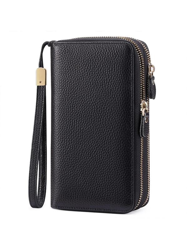 Genuine Leather Women's Solid Color Leather Long Wallet As Gift, Fashionable RFID Blocking Zipper Wristlet Handbag for Daily Used Daily Wallet for Women