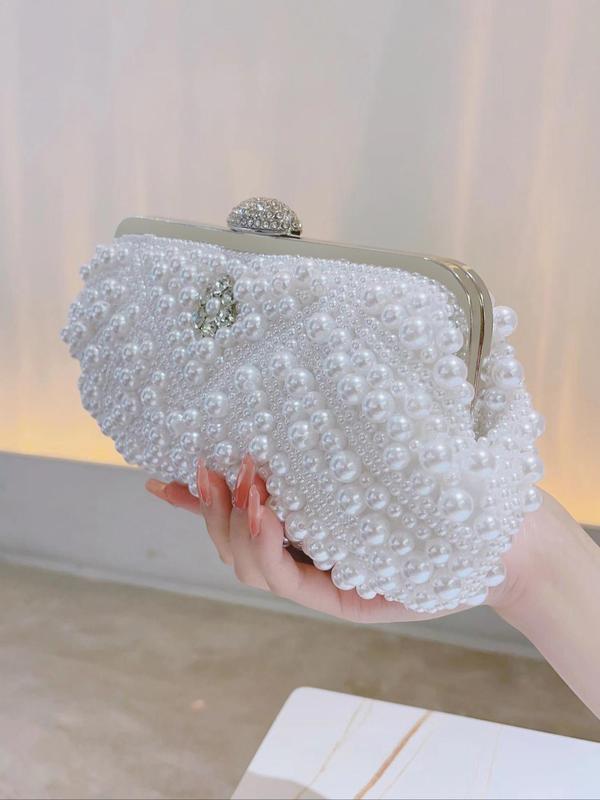 Women's Faux Pearl Decorated Evening Bag, Elegant Rhinestone Embellished Clutch for Party, Banquet