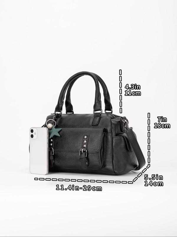 Women's Solid Color Boston Bag with Star Charm, Punk Style Large Capacity Zipper Handbag for Daily Used, Casual Trendy Versatile High-quality Daily Commuting Bag, Girl Fashionable Shopping Bag