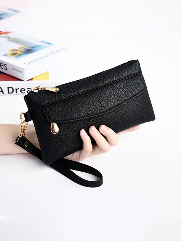 Women's Elegant Textured PU Leather Clutch with Wristlet Strap, Simple Soft Portable Wallet for Shopping and Commuting, Casual Trendy Versatile High-quality Daily Wallet