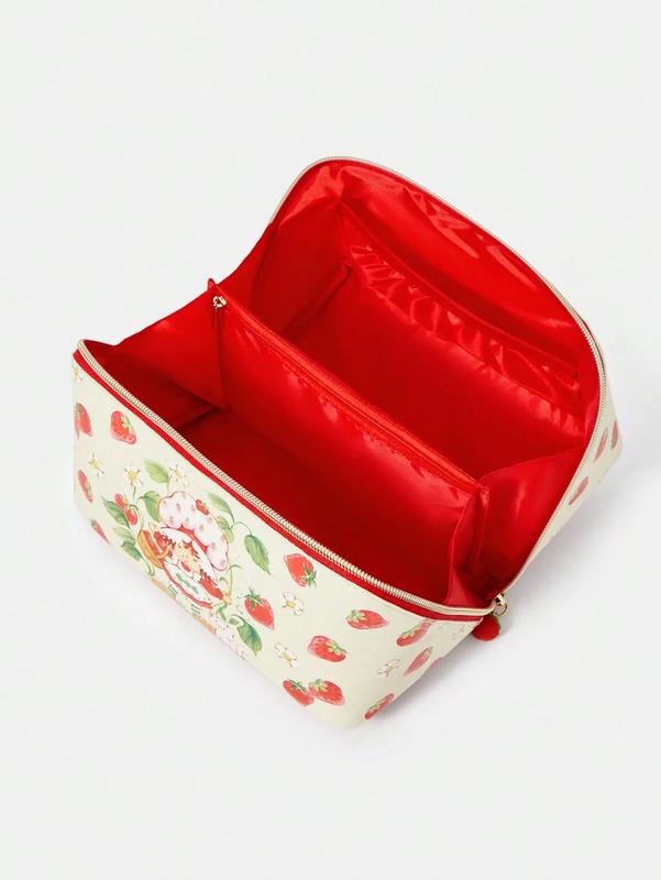 Strawberry Shortcake Cute Cartoon Strawberry Print Zipper Cosmetic Bag, Large Capacity