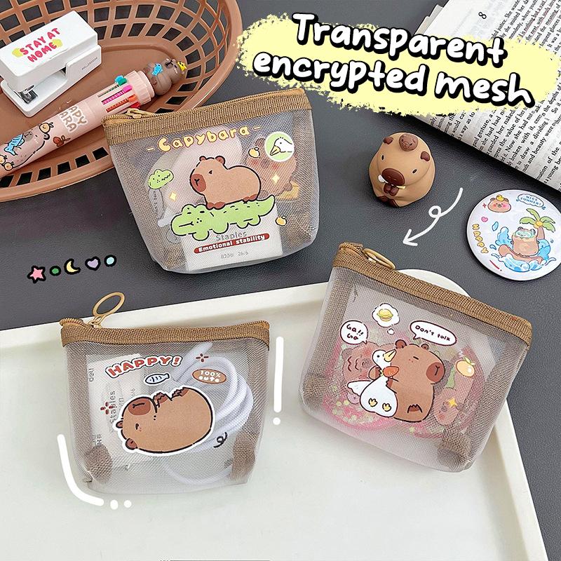 Cute Capybara Coin Storage Bag Transparent Mesh Coin Purses Cartoon Lovely Wallet Portable Waterproof Clear Zipper Bags Gifts