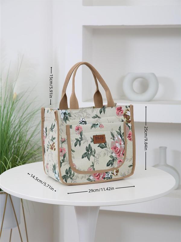 Floral Print Lunch Bag, Large Capacity Storage Bag, Fashionable Zipper Handbag for Women & Men, Casual Trendy Versatile High-quality Daily Commuting Bag