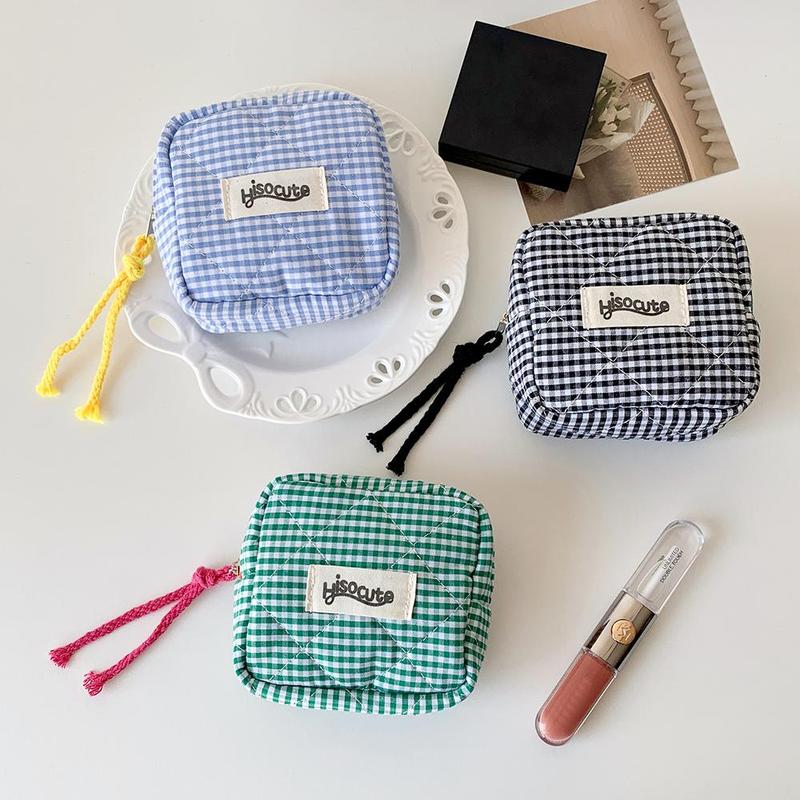 Plaid Pattern Portable Mini Makeup Bag, 1 Count Multi-functional Cosmetic Storage Bag with Handle, Zipper Makeup Organizer Pouch for Home & Travel