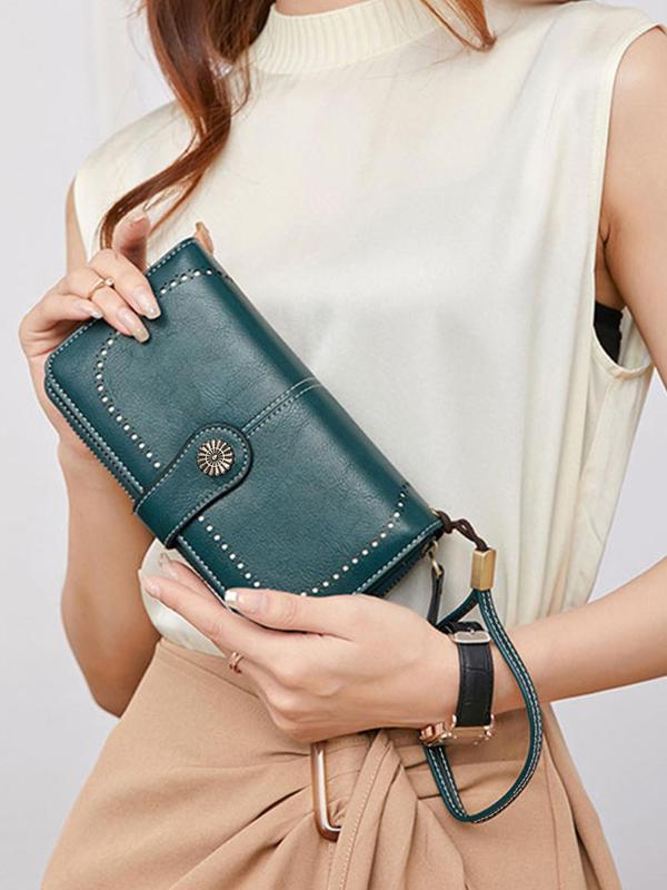 Women's Simple Style Plain Color Long Wallet with Card Slots, Casual Trendy Versatile Id Window Zipper Wallet with Wrist Strap, Fashionable Pu Leather Wallet for Daily Use