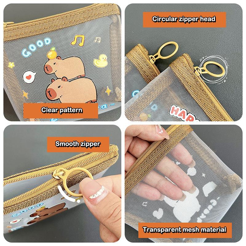 Cute Capybara Coin Storage Bag Transparent Mesh Coin Purses Cartoon Lovely Wallet Portable Waterproof Clear Zipper Bags Gifts