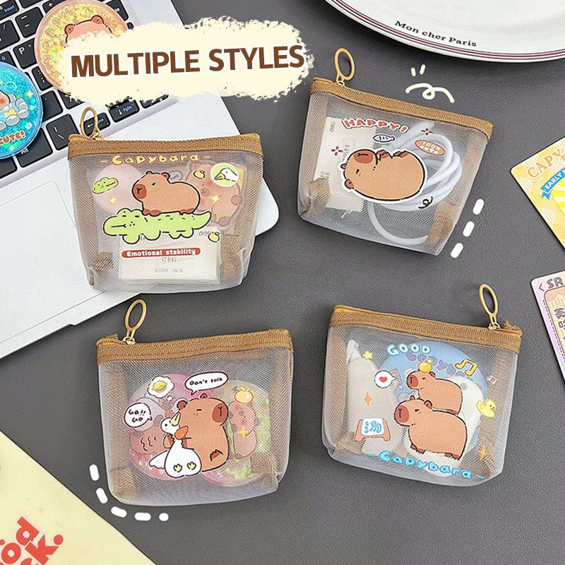 Cute Capybara Coin Storage Bag Transparent Mesh Coin Purses Cartoon Lovely Wallet Portable Waterproof Clear Zipper Bags Gifts