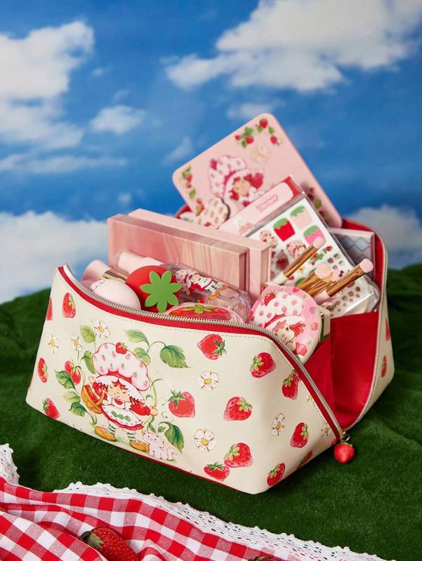 Strawberry Shortcake Cute Cartoon Strawberry Print Zipper Cosmetic Bag, Large Capacity