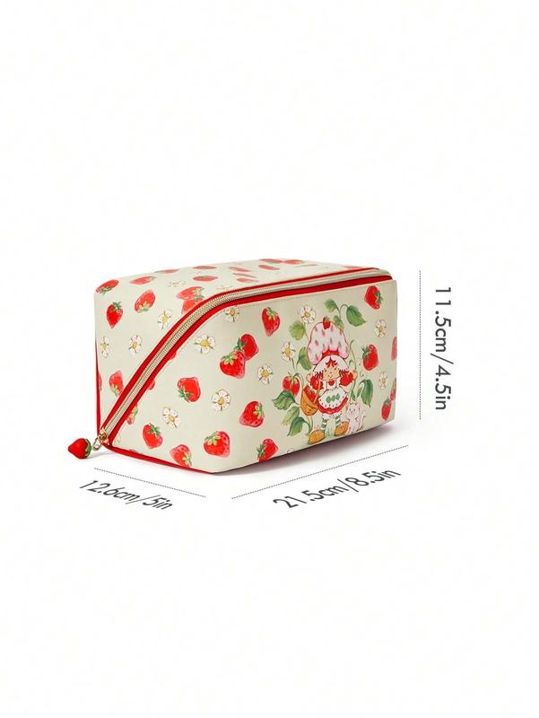 Strawberry Shortcake Cute Cartoon Strawberry Print Zipper Cosmetic Bag, Large Capacity