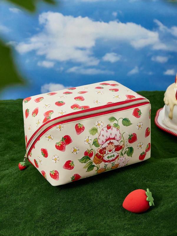 Strawberry Shortcake Cute Cartoon Strawberry Print Zipper Cosmetic Bag, Large Capacity