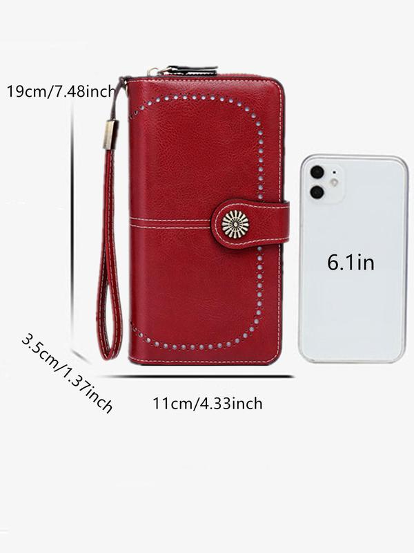 Women's Simple Style Plain Color Long Wallet with Card Slots, Casual Trendy Versatile Id Window Zipper Wallet with Wrist Strap, Fashionable Pu Leather Wallet for Daily Use