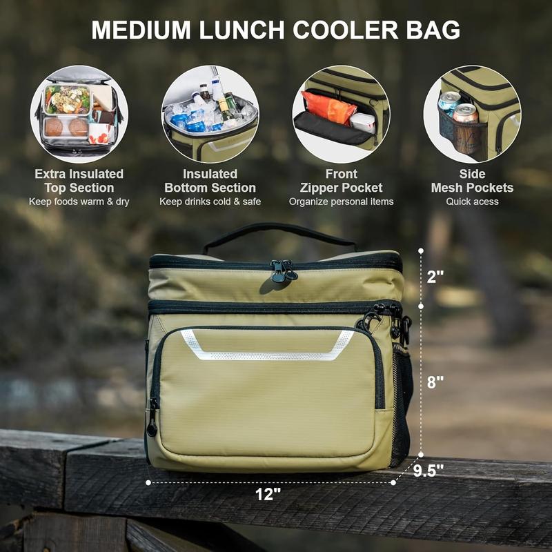 Small Lunch Box Insulated Cooler Bag Mini Cooler 24 Can Soft Sided Lunch Bag for Men Women Ice Chest Double Deck Portable Personal Collapsible Waterproof Leak-Proof for Travel Car, Green Moss