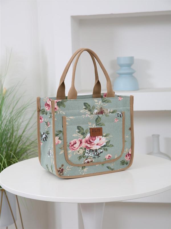 Floral Print Lunch Bag, Large Capacity Storage Bag, Fashionable Zipper Handbag for Women & Men, Casual Trendy Versatile High-quality Daily Commuting Bag