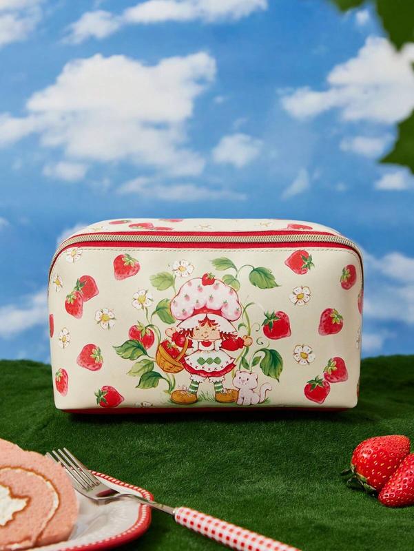 Strawberry Shortcake Cute Cartoon Strawberry Print Zipper Cosmetic Bag, Large Capacity