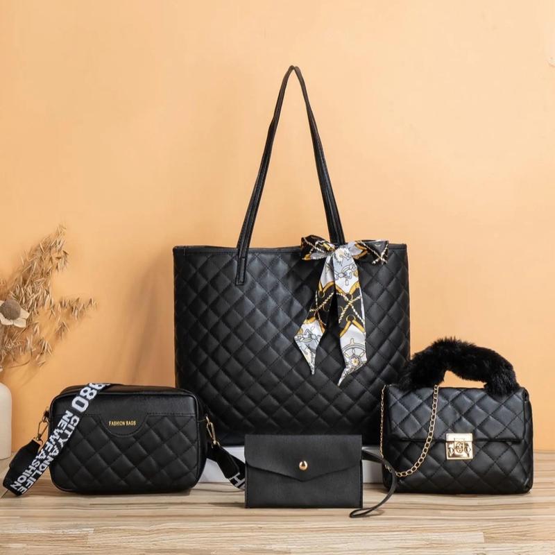 4pcs set Women's Fashion Rhombus Quilted Pasual StuBer ide Strap restatiy Bag, Cute Plush Clutch Chain Small Square Bag, Simple Small Wallet Set, Perfect for Office, work ,business, commute Best Work Bag