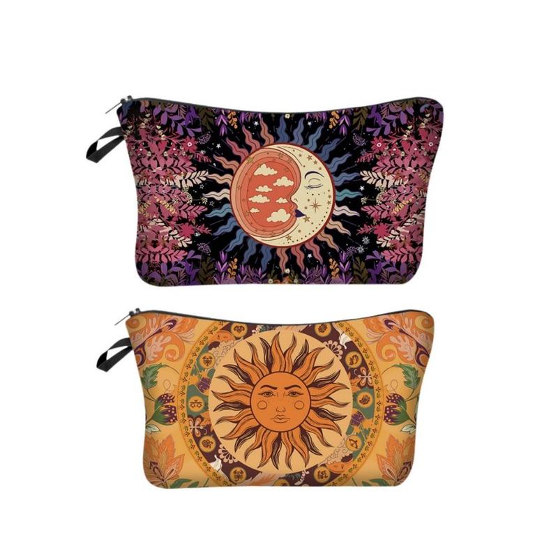 Sun and Moon Pattern Portable Cosmetic Storage Bag, Space Saving Large Capacity Zipper Makeup Container, Versatile Travel Toiletry Organizer Pouch