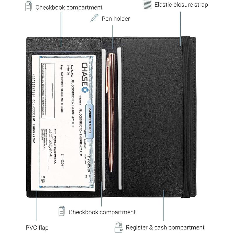 Checkbook Cover for Men & Women, Premium Vegan Leather Checkbook Holder Slim Wallets for Top & Side Tear Duplicate Checks with RFID Blocking (Matte Black)