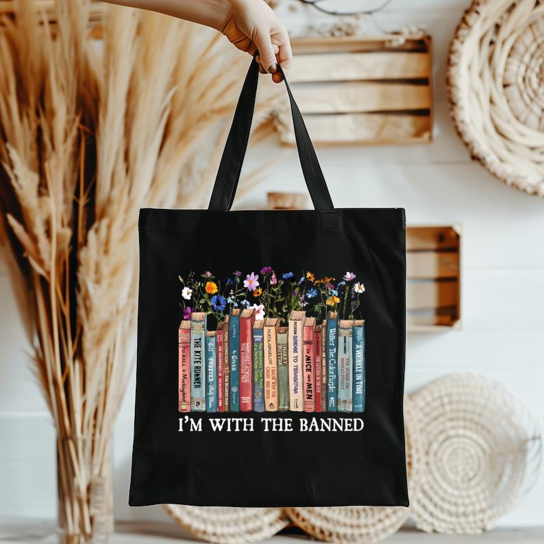 I'm With The Banned Book Tote Bag, Reading Book Tote Bag, Banned Book Tote Bag, Gift For Librarian, Book lover Tote bag, Floral Book Tote Bag