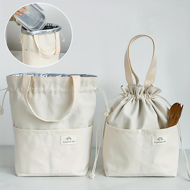 Bento Bag, Reusable Canvas Bento Bag with Drawstring Design, Portable Lunch Box Bag for Students & Office Workers