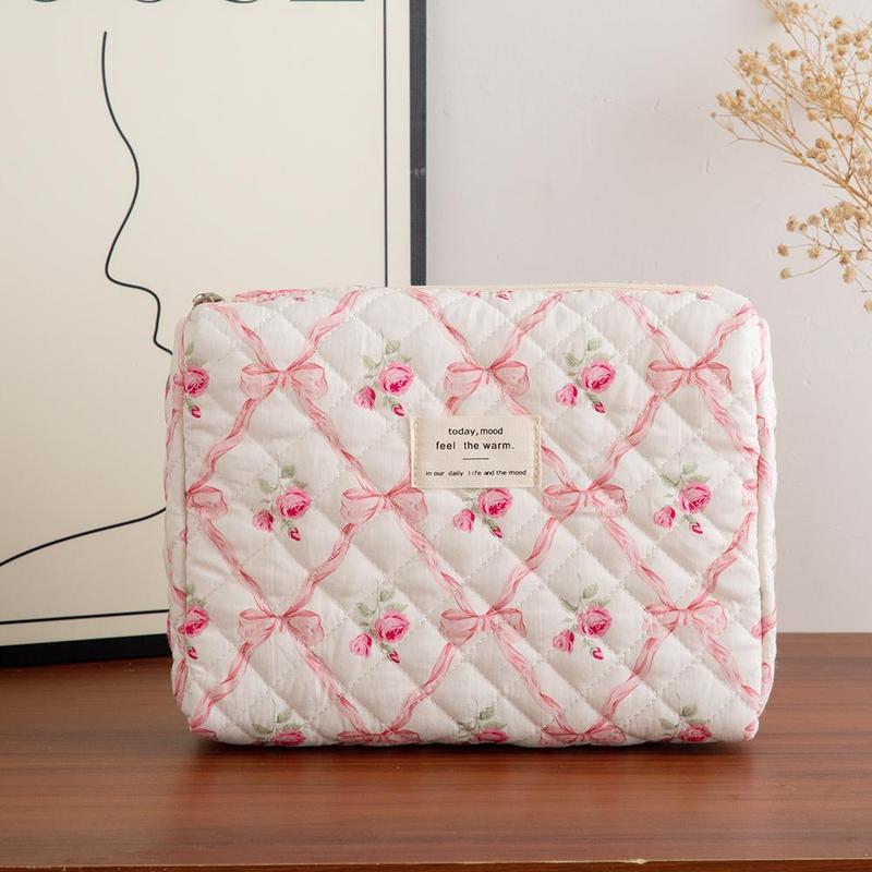 Floral Pattern Quilted Makeup Bag Set, 3 Counts Travel Cosmetic Bags, Portable Zipper Makeup Organizer Pouches, for Skincare, Lotion, Cream, Lip Balm, Eyeliners, Makeup Tools, Travel Essentials, Back To School