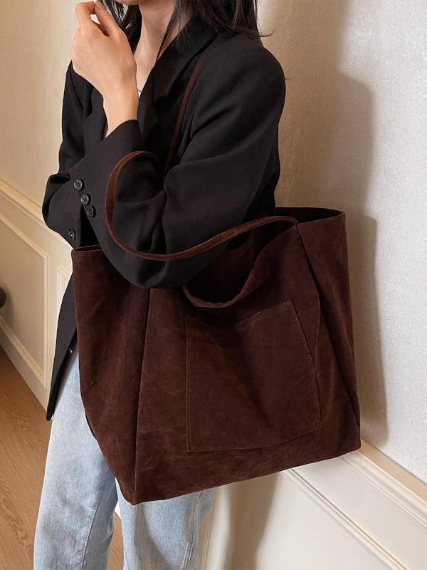 Women's Solid Color Suede Tote Bag, Large Capacity Shoulder Bag for Work & Daily Used, Casual Trendy Versatile High-quality Daily Commuting Bag, Girl Fashionable Shopping Bag