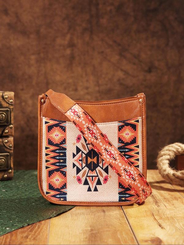 Women's Boho Style Ethnic Pattern Crossbody Bag, Vintage Style Crossbody Bag with Adjustable Strap, Fashionable Crossbody Bag for Daily Use