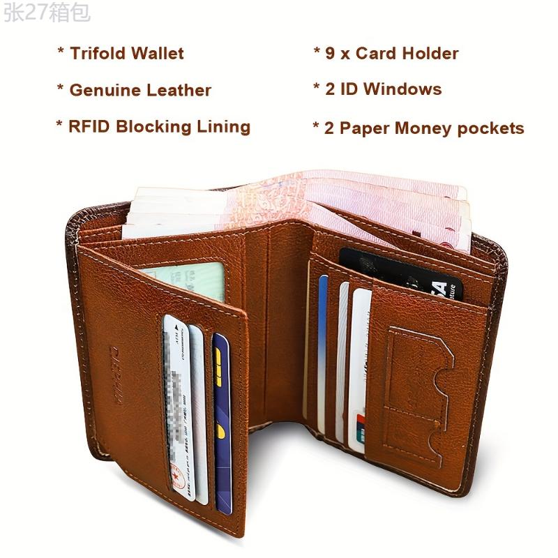 RFID Blocking Trifold Genuine Leather Wallets for Men, Top Layer Cowhide Vintage Short Multi Function Credit Card Holder, Money Clips with 2 ID Windows Give Gifts to Men