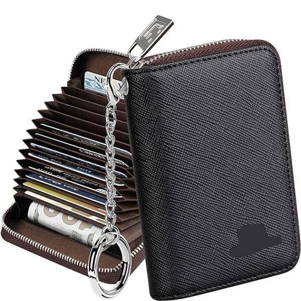 RFID Blocking Credit Card Wallet with Zipper Case for Men & Women - Compact Key Chain Card Holder