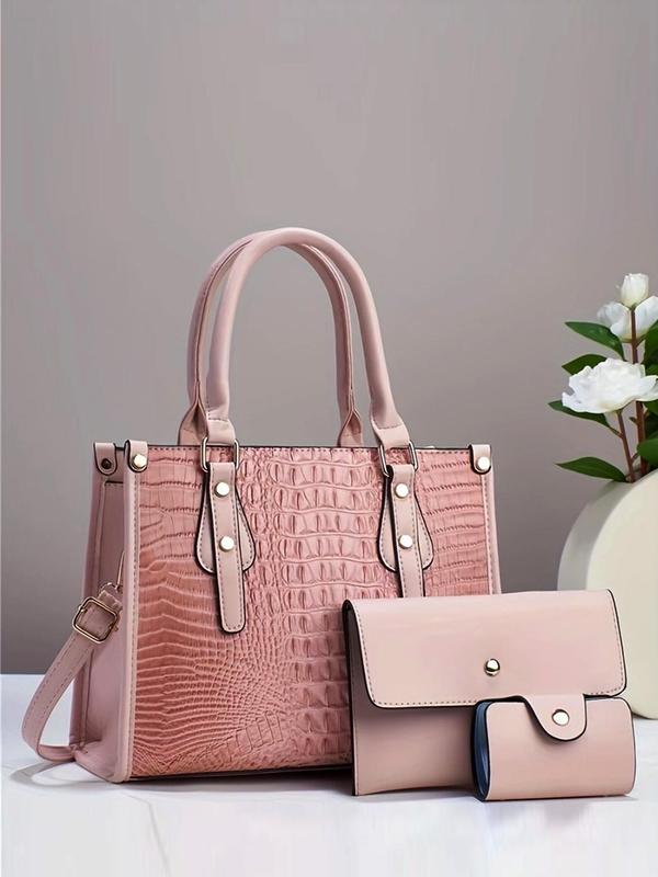 Summer Women's Fashion Shoulder Bag Set, Including Random Crocodile Pattern Tote Bag, Flap Square Bag, Wallet, Simple Casual Matching Solid Bag Set for Women As Anniversary Gift