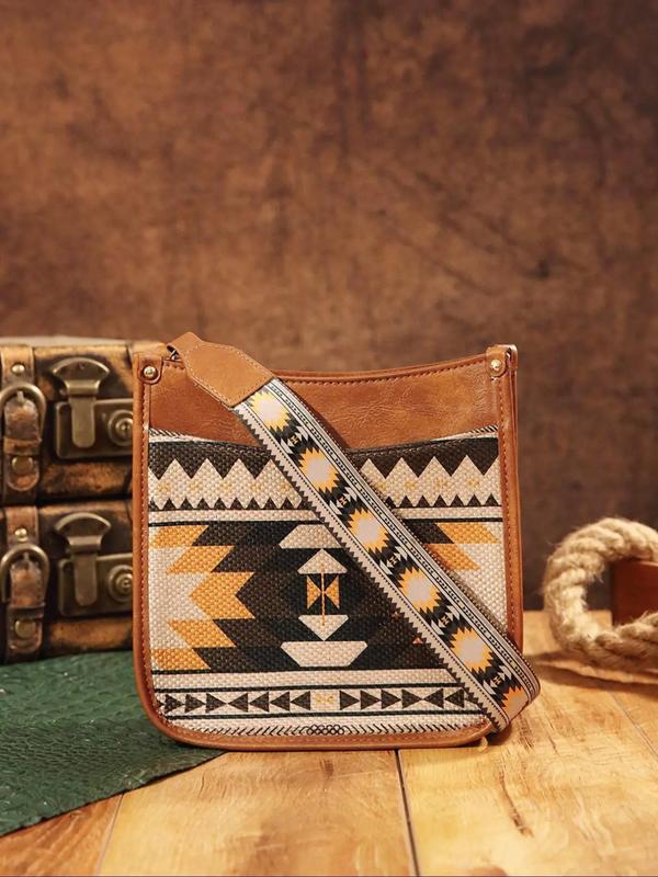 Women's Boho Style Ethnic Pattern Crossbody Bag, Vintage Style Crossbody Bag with Adjustable Strap, Fashionable Crossbody Bag for Daily Use