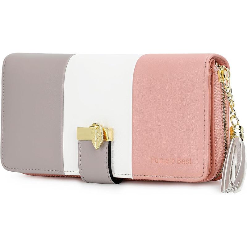 RFID Wallets for Women with Multiple Card Slots and Cellphone Compartment, Womens Wallet (pink white grey)