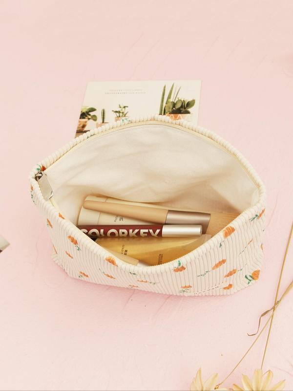 Corduroy Makeup Bag, Cute Floral Pattern Zipper Makeup Organizer Pouch, with Letters Label, Travel Cosmetic Storage Bag, Versatile Storage Bag for Skincare, Lip Balm, Eyeliners, Makeup Brushes,