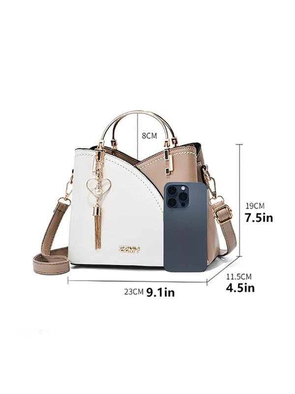 Colorblock Pu Leather Handbags for Women, Elegant Fashion Zipper Shoulder Bag with Heart & Tassel Charm,  Handbag for School,  Casual Trendy Versatile High-quality Daily Commuting Bag, Fall Outfits, Fall Freshness