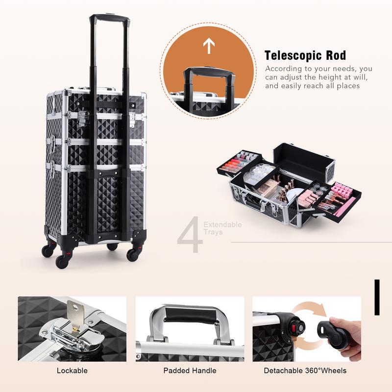 3 in 1 Rolling Makeup Train Case Professional Cosmetic Case with Wheel Makeup Trolley Aluminum Salon Barber Case for Make Up Hairstylists Nail Tech