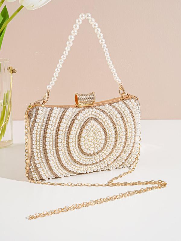 Women's Summer Faux Pearl Decorated Strap Evening Bag, 2024 New Trendy Rhinestone Decorated Crossbody Bag for Party Wedding