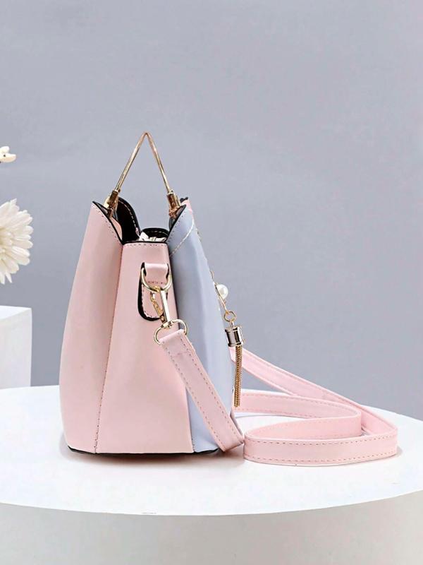 Colorblock Pu Leather Handbags for Women, Elegant Fashion Zipper Shoulder Bag with Heart & Tassel Charm,  Handbag for School,  Casual Trendy Versatile High-quality Daily Commuting Bag, Fall Outfits, Fall Freshness