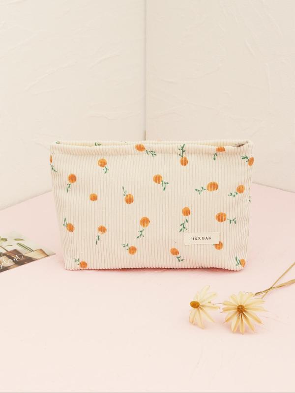 Corduroy Makeup Bag, Cute Floral Pattern Zipper Makeup Organizer Pouch, with Letters Label, Travel Cosmetic Storage Bag, Versatile Storage Bag for Skincare, Lip Balm, Eyeliners, Makeup Brushes,