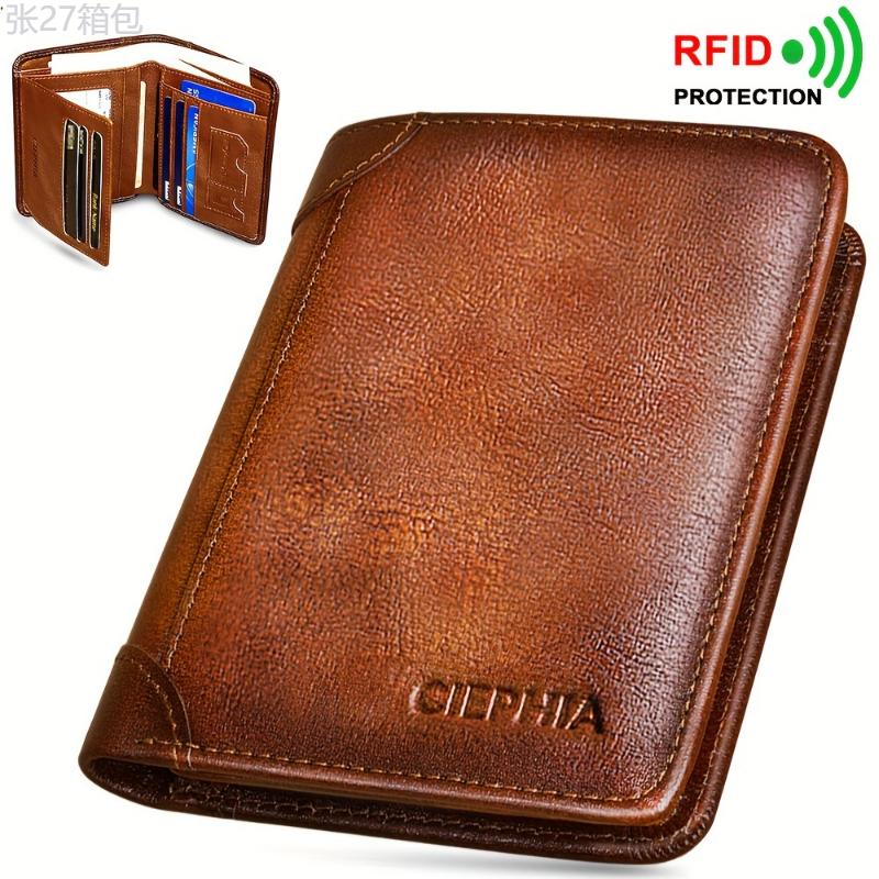 RFID Blocking Trifold Genuine Leather Wallets for Men, Top Layer Cowhide Vintage Short Multi Function Credit Card Holder, Money Clips with 2 ID Windows Give Gifts to Men