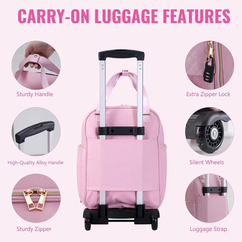 16-Inch Underseat Carry On with Wheels Lightweight Multi-Functional Overnight Suitcase for Men and Women, Water-Resistant and Anti-Theft (Pink)