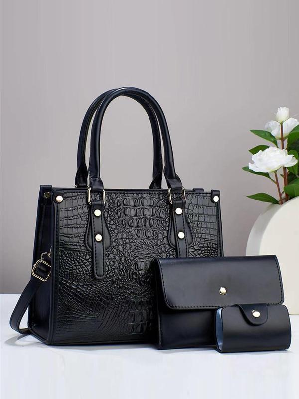 Summer Women's Fashion Shoulder Bag Set, Including Random Crocodile Pattern Tote Bag, Flap Square Bag, Wallet, Simple Casual Matching Solid Bag Set for Women As Anniversary Gift