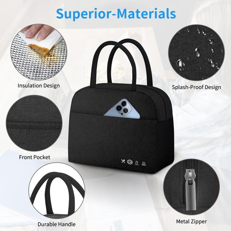 Lunch Bag Lunch Box for Women Men Reusable Insulated Lunch Tote Bag,Leakproof Thermal Cooler Sack Food Handbags Case High Capacity forTravel Work School Picnic- Black