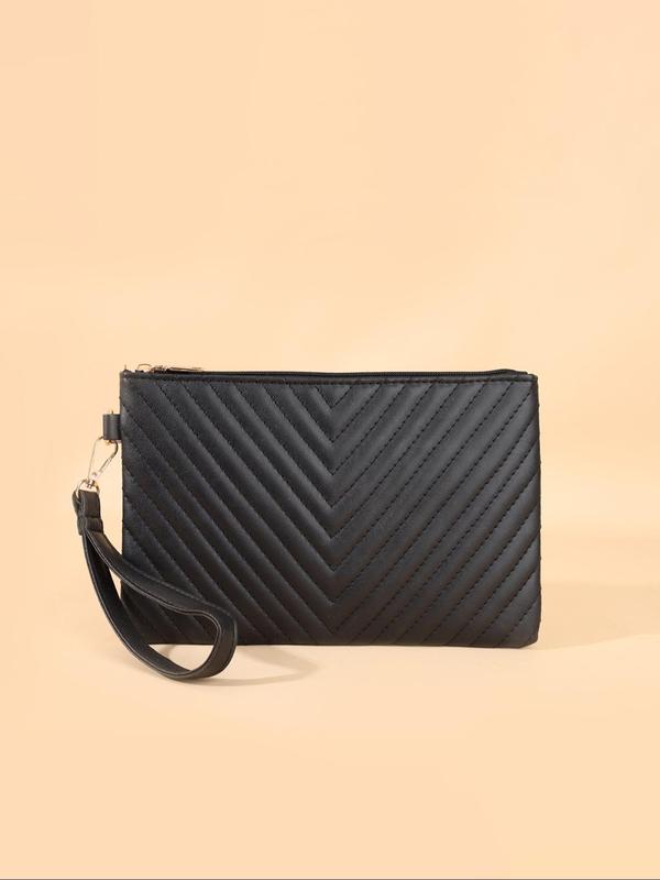 Women's Solid Color Quilted Clutch, Fashionable PU Leather Zipper Clutch, Simple All-match Bag for Daily Life