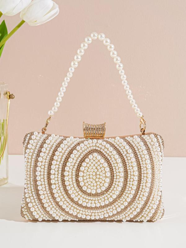 Women's Summer Faux Pearl Decorated Strap Evening Bag, 2024 New Trendy Rhinestone Decorated Crossbody Bag for Party Wedding