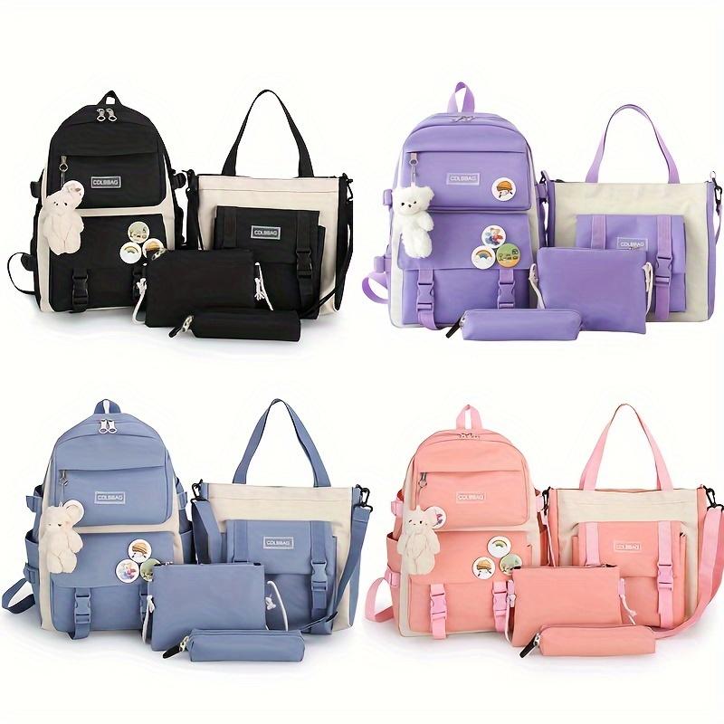 4 Pcs set Simple Casual Backpack Large Capacity School Bag Travel Bag Canvas Shoulder Bag