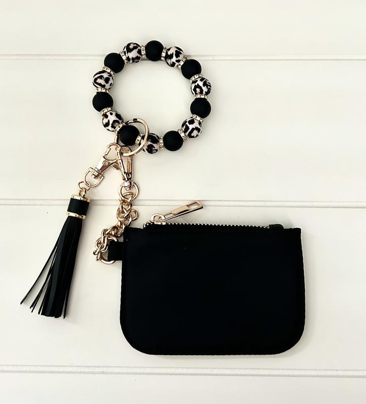 Black Wallet Card Holder with Silicone Keychain Bracelet