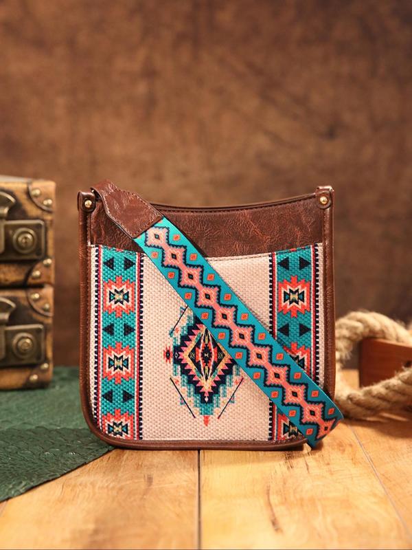 Women's Boho Style Ethnic Pattern Crossbody Bag, Vintage Style Crossbody Bag with Adjustable Strap, Fashionable Crossbody Bag for Daily Use