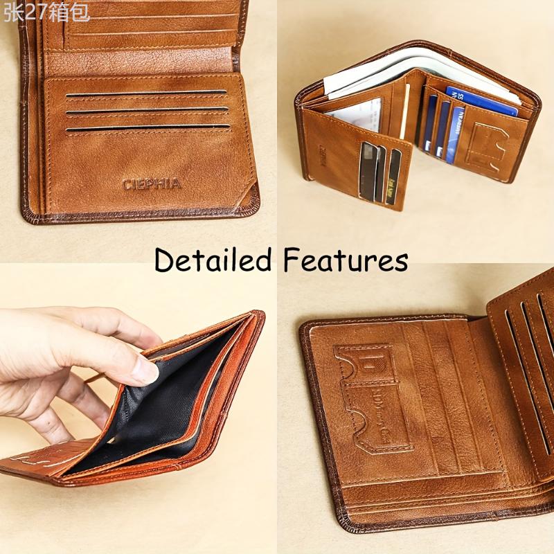 RFID Blocking Trifold Genuine Leather Wallets for Men, Top Layer Cowhide Vintage Short Multi Function Credit Card Holder, Money Clips with 2 ID Windows Give Gifts to Men