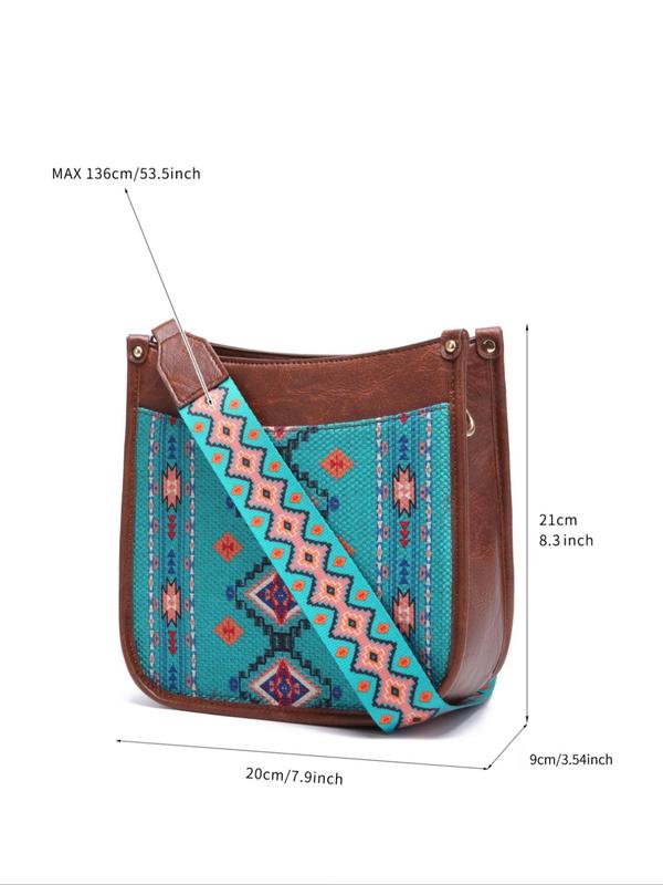 Women's Boho Style Ethnic Pattern Crossbody Bag, Vintage Style Crossbody Bag with Adjustable Strap, Fashionable Crossbody Bag for Daily Use