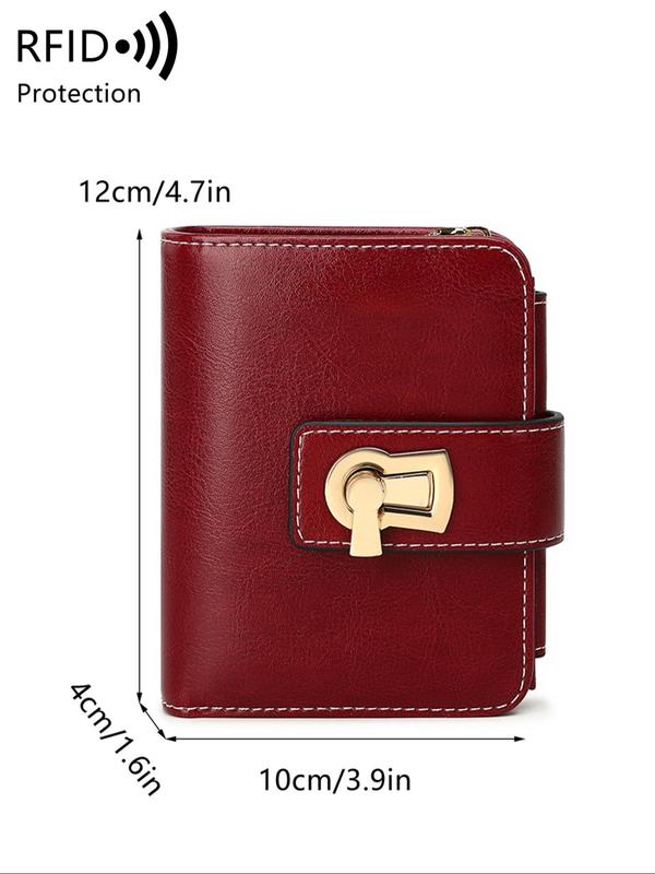 Women's Plain Color Geometric Design Buckle Short Wallet, Trifold Wallet with Rfid Blocking, Fashionable Pu Leather Id Window Wallet for Daily Use